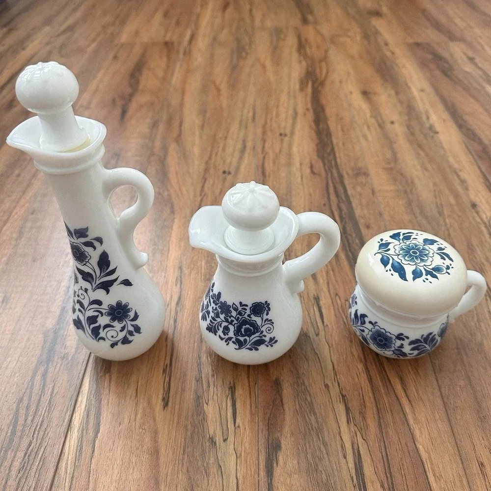 Vintage Avon Blue Floral White Glass 3‎ Pc Cruet Vanity Set w/ Stoppers